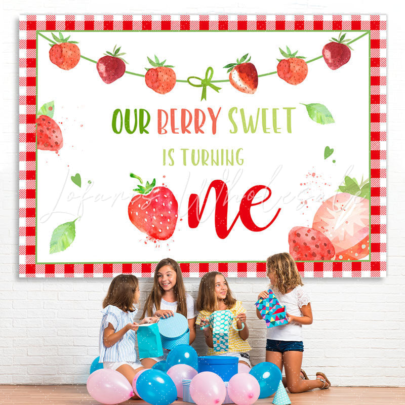 Lofaris Red Squares Lovely Strawberries 1st Birthday Backdrop