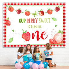 Lofaris Red Squares Lovely Strawberries 1st Birthday Backdrop