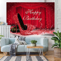 Lofaris Red Stage and High Heel Glitter Happy Birthday Backdrop