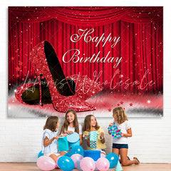 Lofaris Red Stage and High Heel Glitter Happy Birthday Backdrop
