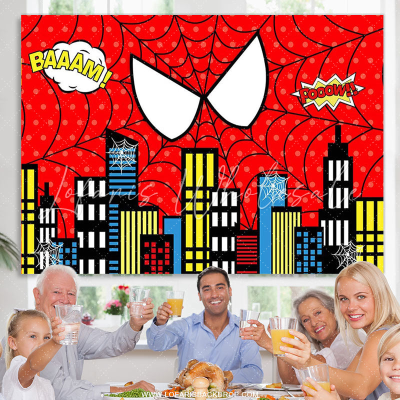 Lofaris Red Super Hero Cityscape Birthday Photo Booth Backdrop For Boys
