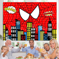 Lofaris Red Super Hero Cityscape Birthday Photo Booth Backdrop For Boys
