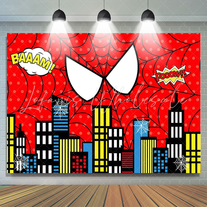 Lofaris Red Super Hero Cityscape Birthday Photo Booth Backdrop For Boys