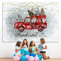 Lofaris Red Truck and Three Dwarfs Snow Christmas Backdrop