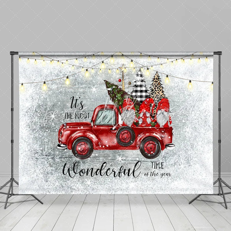 Lofaris Red Truck and Three Dwarfs Snow Christmas Backdrop