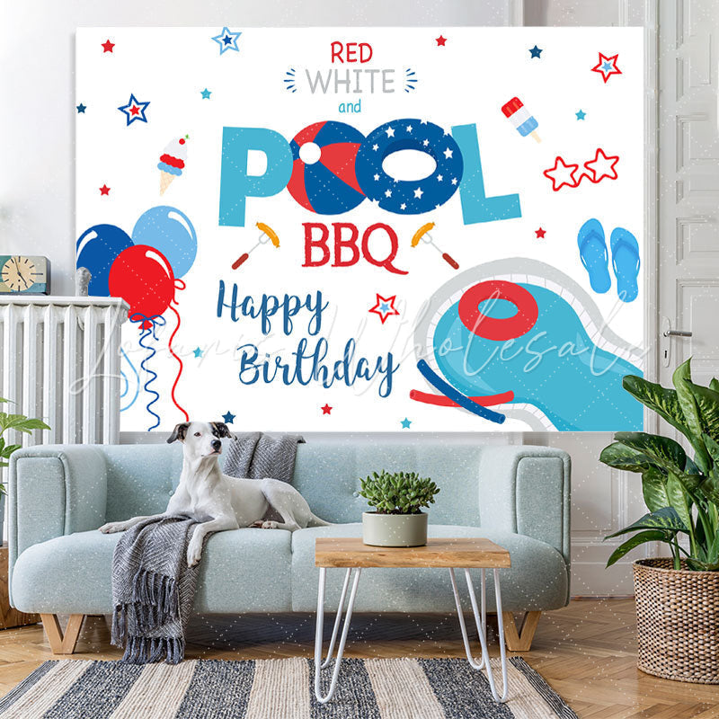 Lofaris Red White and Pool Bbq Balloon Happy Birthday Backdrop