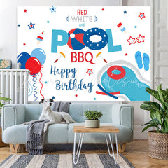 Lofaris Red White and Pool Bbq Balloon Happy Birthday Backdrop