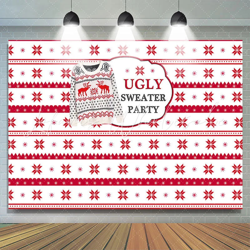 Lofaris Red White Christmas Ugly Sweater Party Backdrop