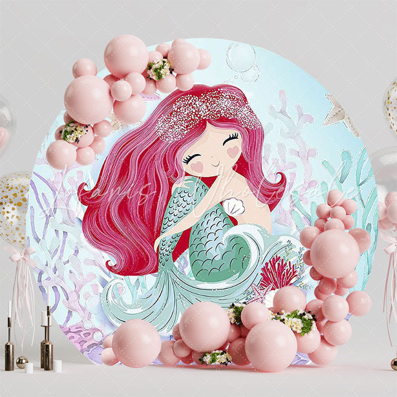 Redhead Mermaid Algae Fantasy Round Backdrop for Ocean Party