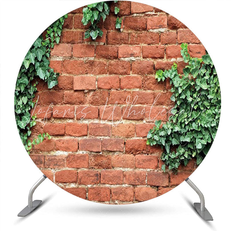 Lofaris Retro Red Brick Wall Greenery Spring Round Backdrop
