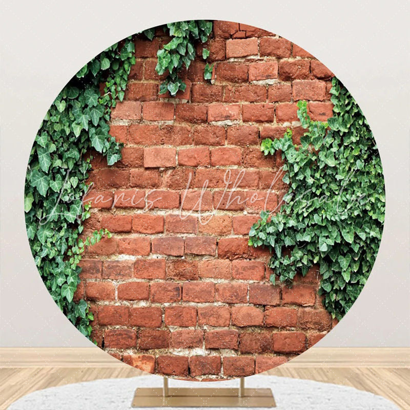 Lofaris Retro Red Brick Wall Greenery Spring Round Backdrop