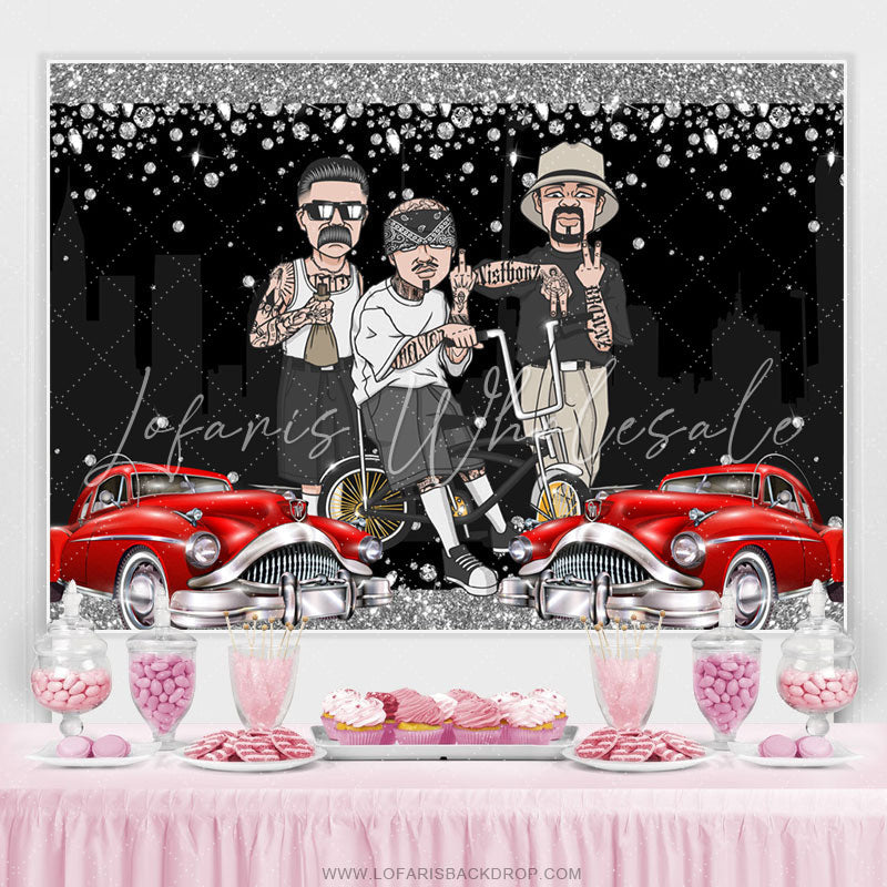 Lofaris Rock Car With Cool Guy Happy Birthday Backdrop