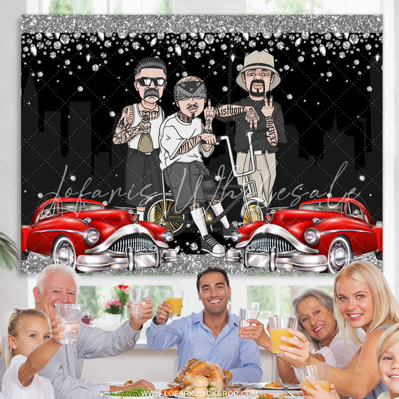 Lofaris Rock Car With Cool Guy Happy Birthday Backdrop