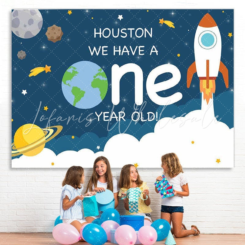 Lofaris Rocket space theme first birthday party Backdrop