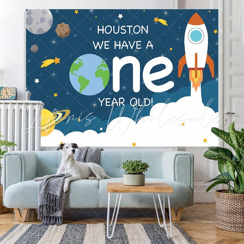 Lofaris Rocket space theme first birthday party Backdrop