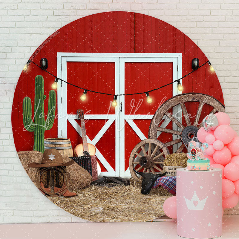 Lofaris Rodeo Red Wood Wall White Door Round Party Backdrop