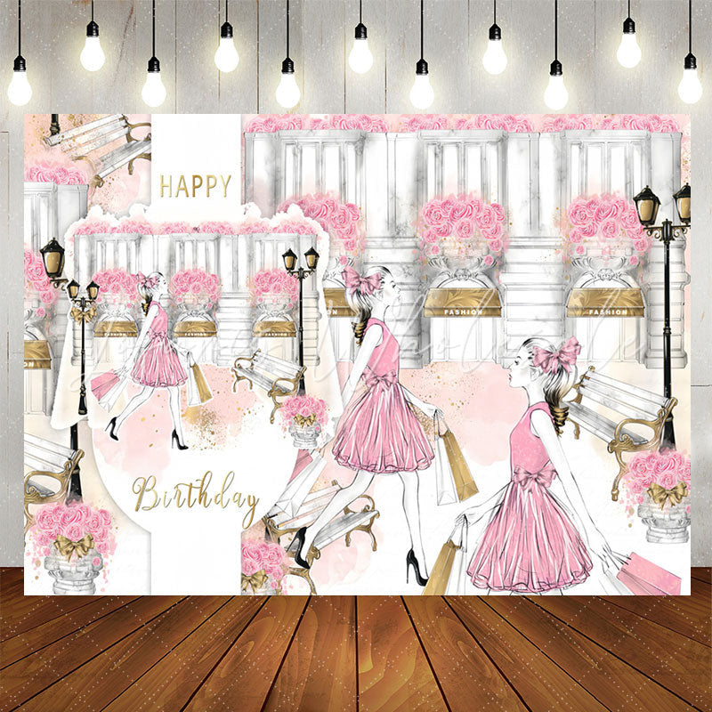 Lofaris Romantic Shopping Girl Pink Rose Birthday Backdrop