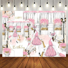 Lofaris Romantic Shopping Girl Pink Rose Birthday Backdrop