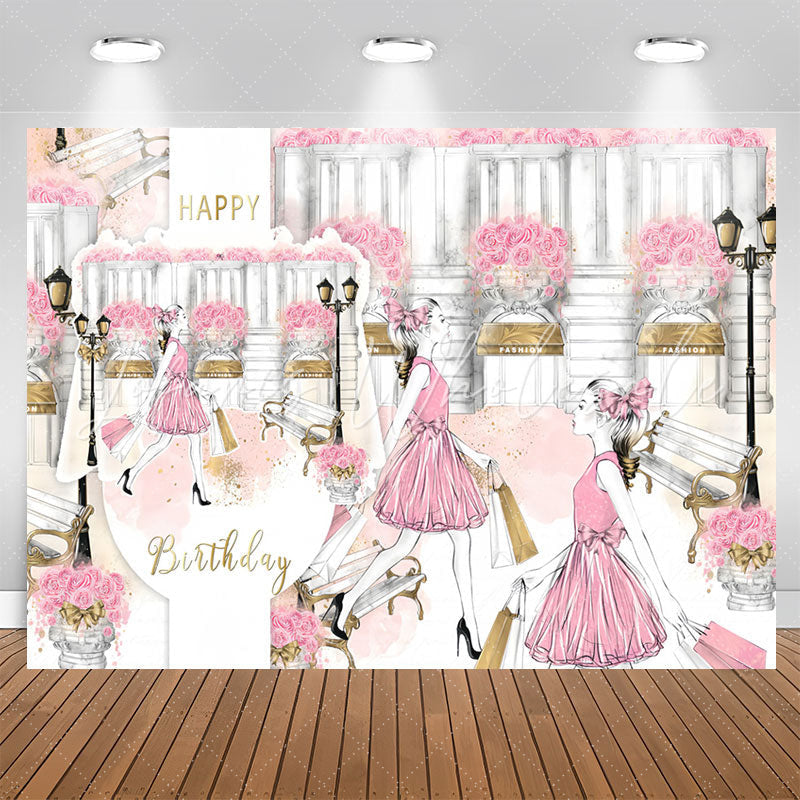 Lofaris Romantic Shopping Girl Pink Rose Birthday Backdrop