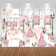Lofaris Romantic Shopping Girl Pink Rose Birthday Backdrop