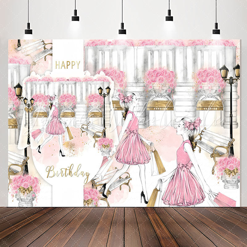 Lofaris Romantic Shopping Girl Pink Rose Birthday Backdrop