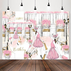 Lofaris Romantic Shopping Girl Pink Rose Birthday Backdrop