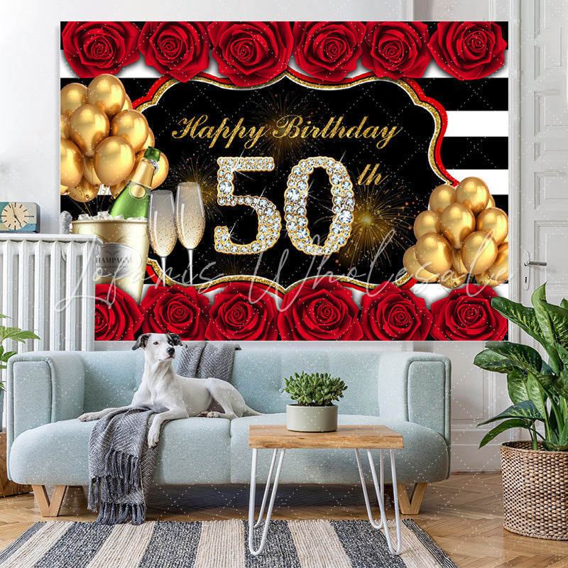 Lofaris Rose And Glitter Balloon Happy 50Th Birthday Backdrop