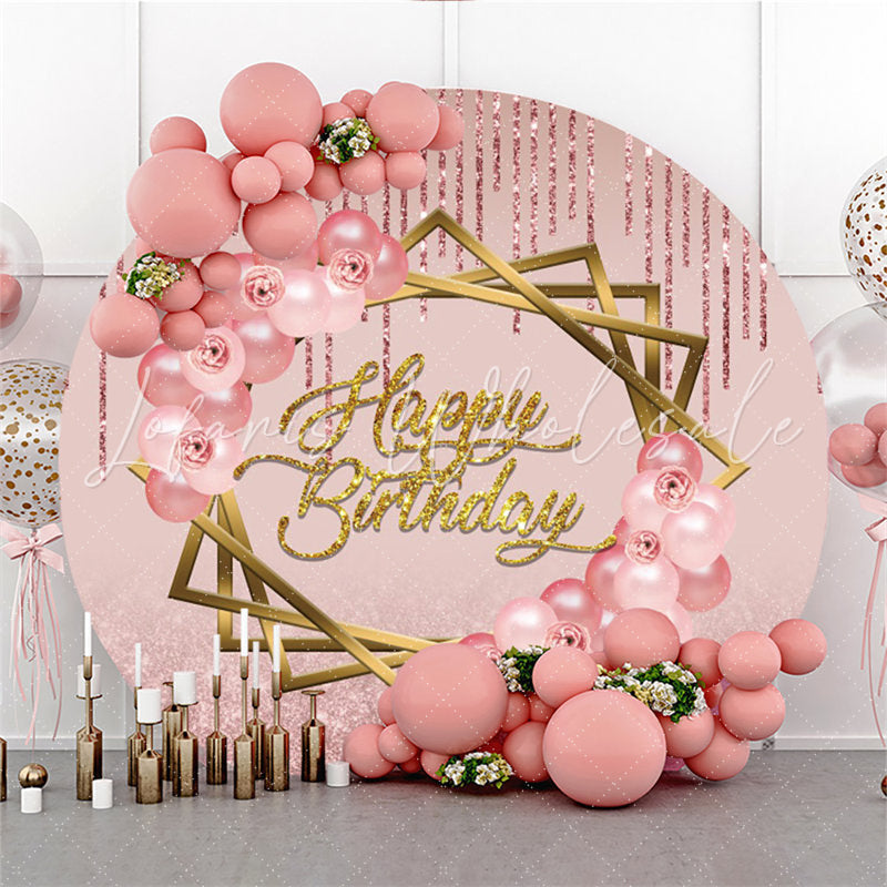 Lofaris Rose Gold Balloon Glitter Happy Birthday Round Backdrop