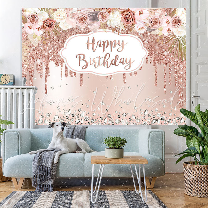 Lofaris Rose Gold Floral And Glitter Happy Birthday Backdrop