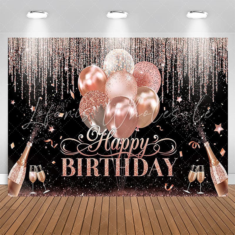 Lofaris Rose Gold Glitter Champagne Black Birthday Backdrop