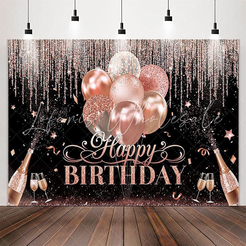 Lofaris Rose Gold Glitter Champagne Black Birthday Backdrop