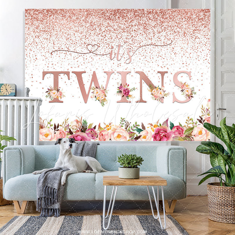 Lofaris Rose Gold Its Twins Floral Dots Baby Shower Backdrop