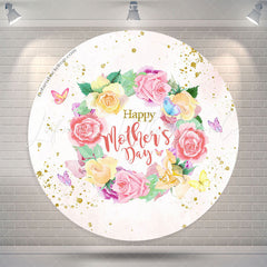 Lofaris Rose Wreath Gold Glitter Pink Round Mothers Day Backdrop