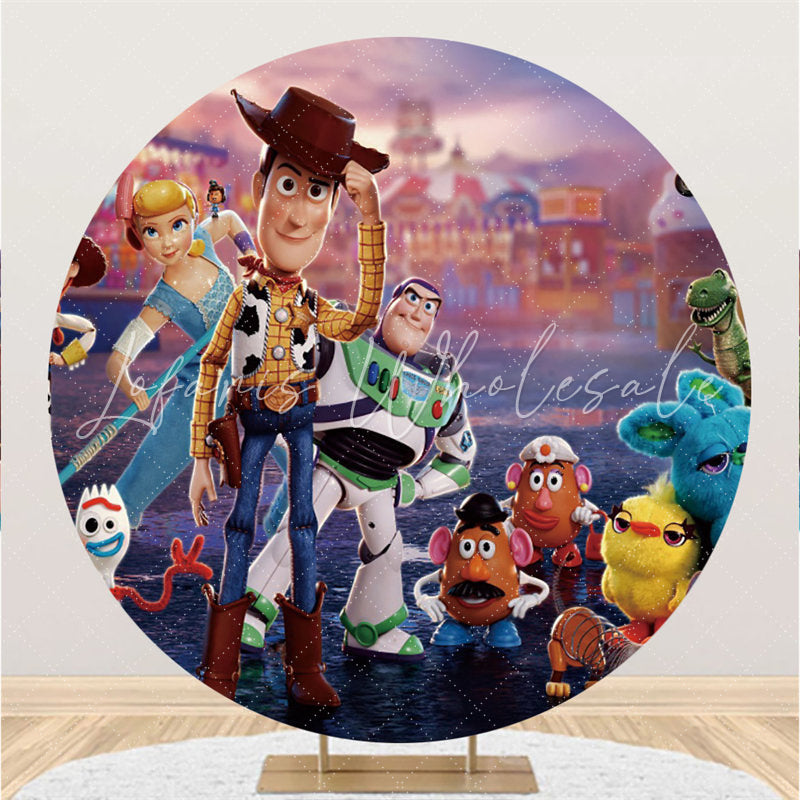 Lofaris Round Cartoon Toys Happy Birthday Backdrop For Party