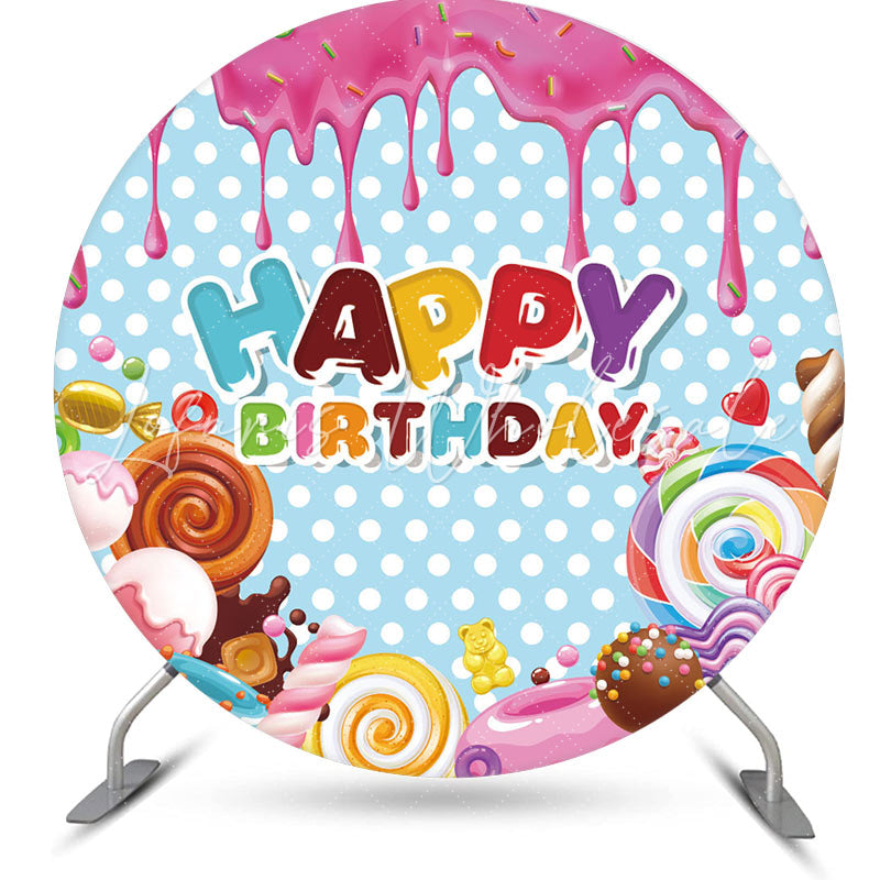 Round Colorful Candyland Happy Birthday Backdrop