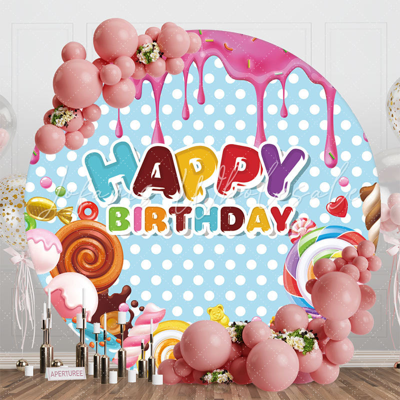 Round Colorful Candyland Happy Birthday Backdrop