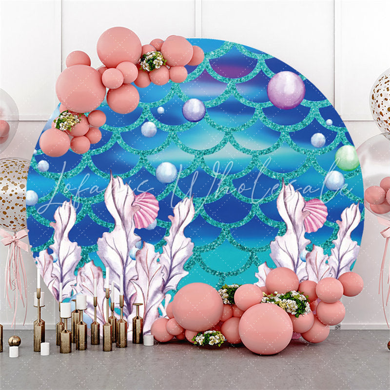 Lofaris Round Cyan And Blue Glitter Mermaid Birthday Backdrop