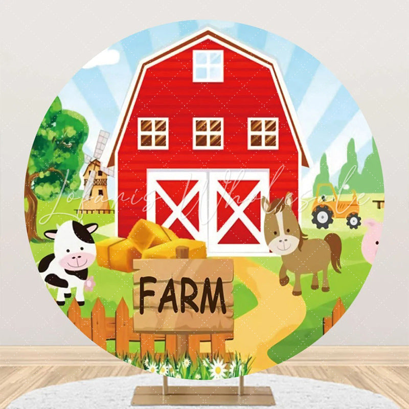 Lofaris Round Farm Red Barn Animals Tree Birthday Backdrop