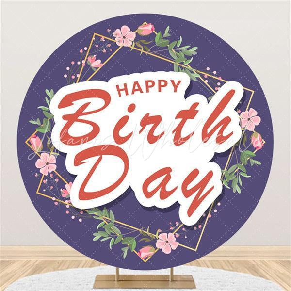 Lofaris Round Flower And Leaves Purple Happy Birthday Backdrop