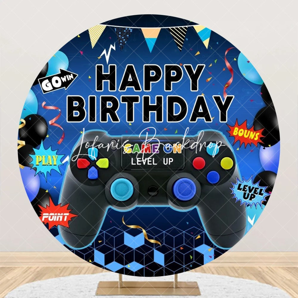Lofaris Round Gamepad Balloons Ribbons Blue Birthday Backdrop