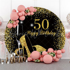 Lofaris Round Glitter Black Gold Happy 50Th Birthday Backdrop