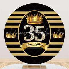 Lofaris Round Gold Black Striped Crown Happy Birthday Backdrop