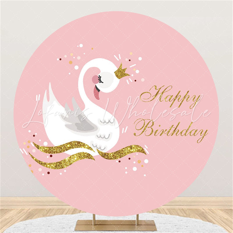 Lofaris Round Golden Wave White Swan Happy Birthday Backdrop