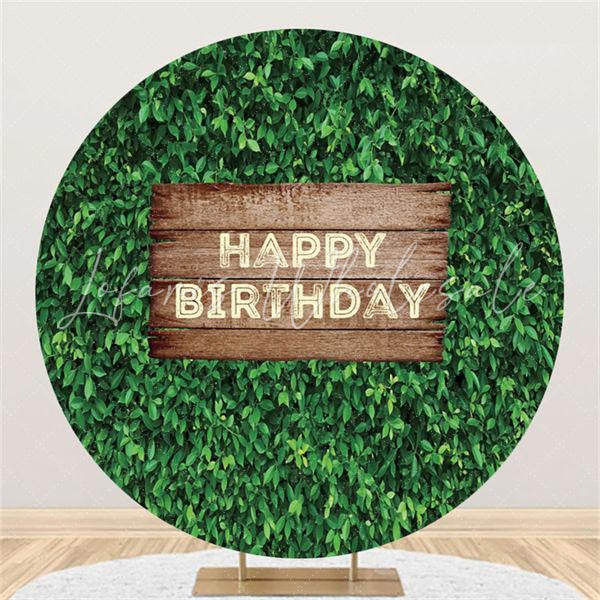 Lofaris Round Green Leaves Wooden Happy Birthday Backdrop