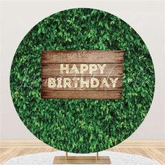 Lofaris Round Green Leaves Wooden Happy Birthday Backdrop