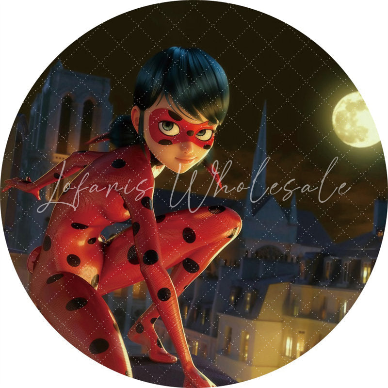 Lofaris Round Ladybug Girl At Night Theme Birthday Backdrop