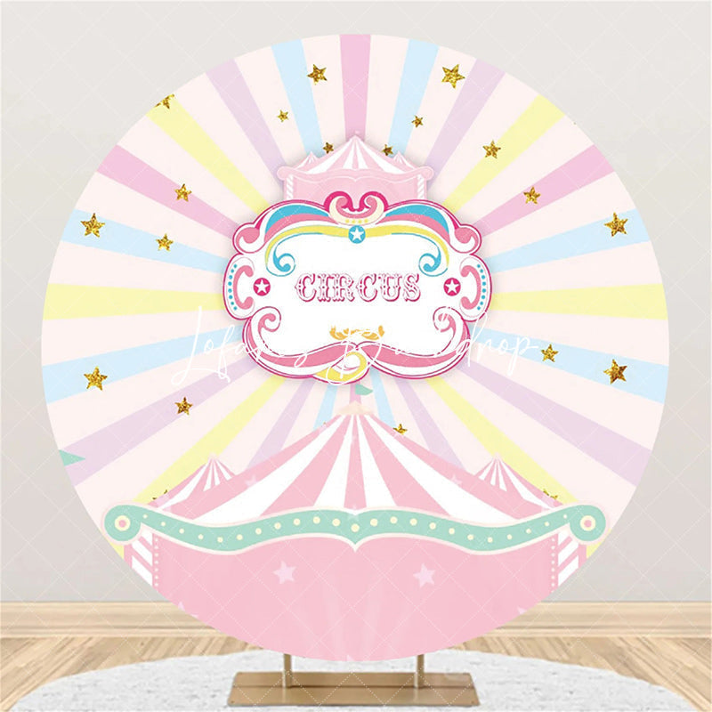Lofaris Round Pink Circus Stars Rainbow Birthday Backdrop