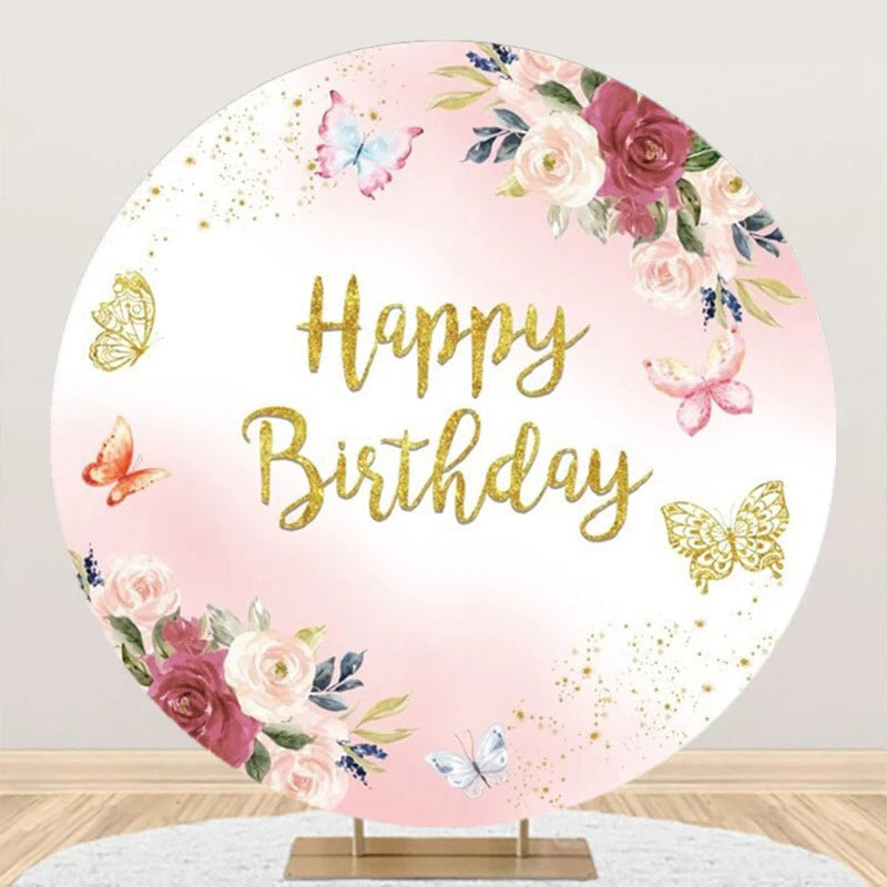 Lofaris Round Pink Floral Butterfly Gold Birthday Backdrop