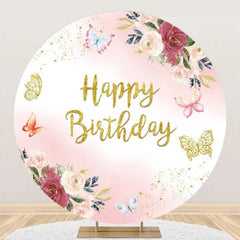 Lofaris Round Pink Floral Butterfly Gold Birthday Backdrop
