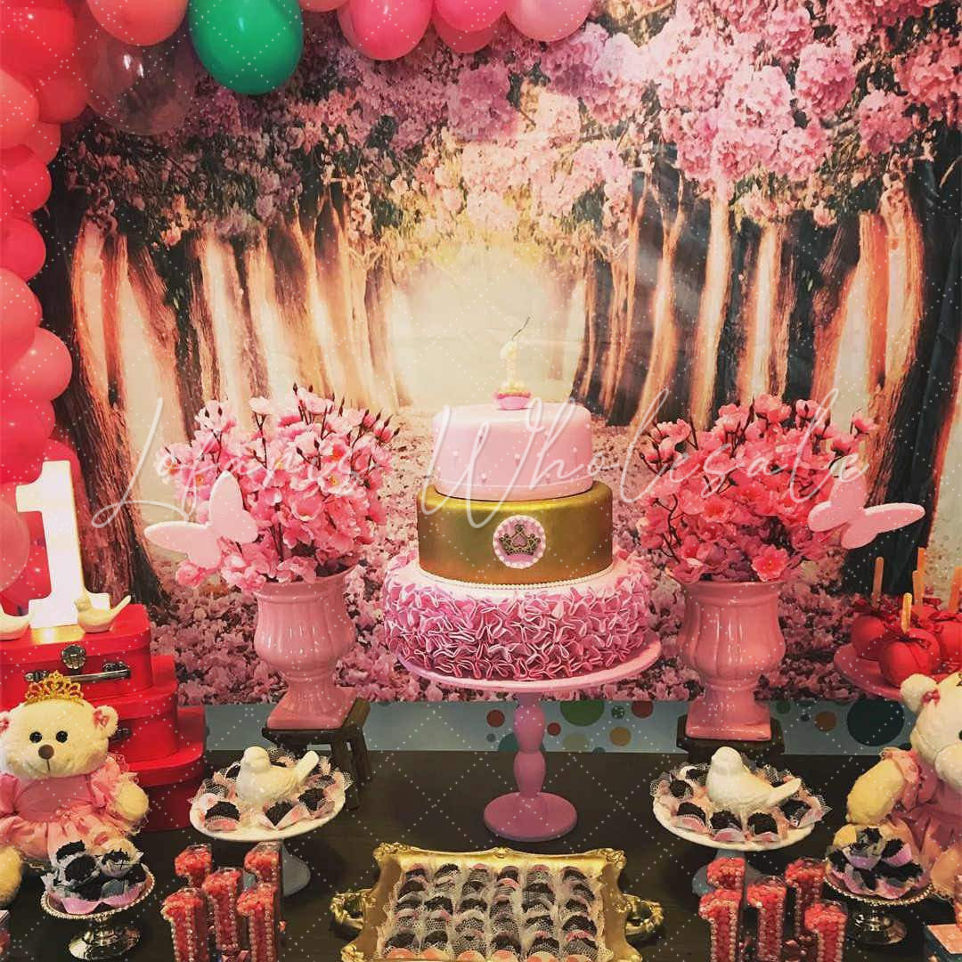 Lofaris Round Pink Flower And Trees Happy Birthday Backdrop